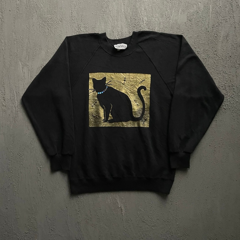 Vintage‎ Gold Foil Black Cat Sweatshirt Unisex Large Black 90s Scribbles
